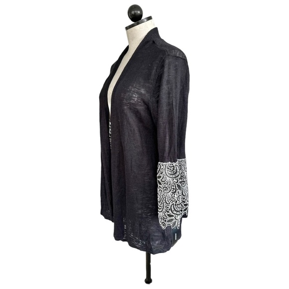 Alfani Open Front Linen Cardigan Black Sweater White Lace Bell Cuffs Size Large - Picture 6 of 16